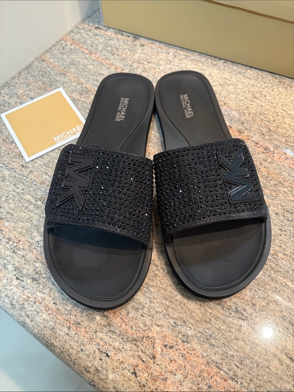 Michael Kors Black Crystal MK Logo Slide Sandals